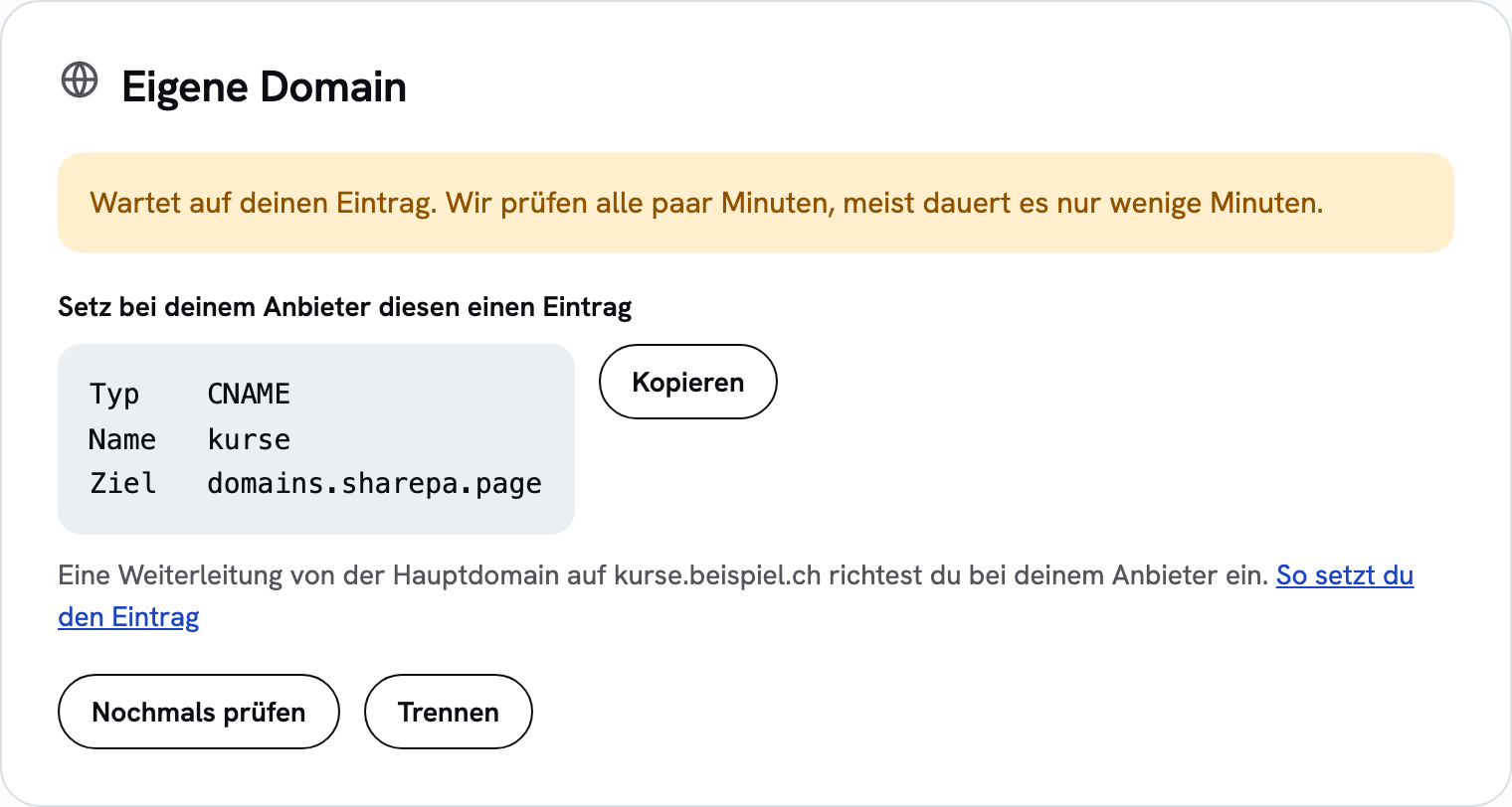 Bereich Eigene Domain mit dem nötigen CNAME-Eintrag