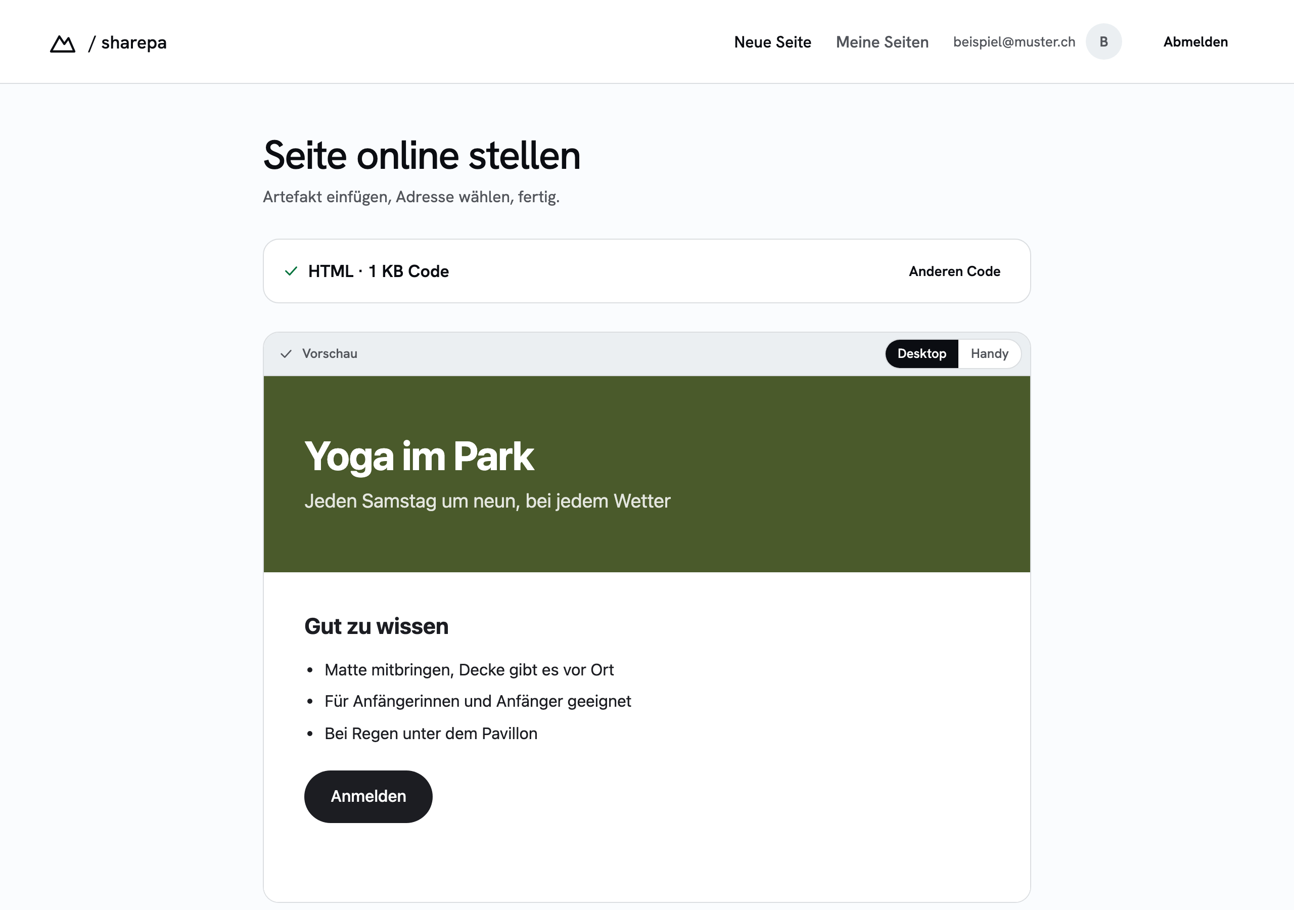 Eingefügter Code mit Vorschau der Seite daneben