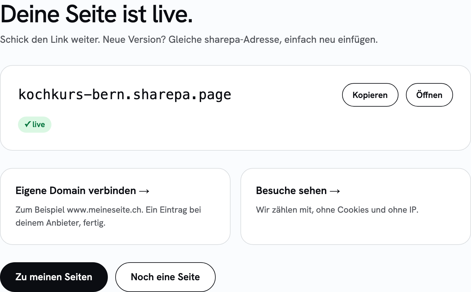 Bildschirm nach dem Veröffentlichen mit der Adresse der Seite